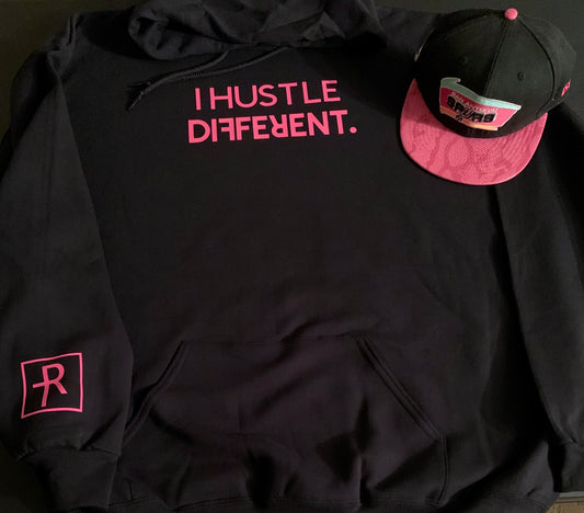 Black With Neon Pink I Hustle Different Logo Hoodie