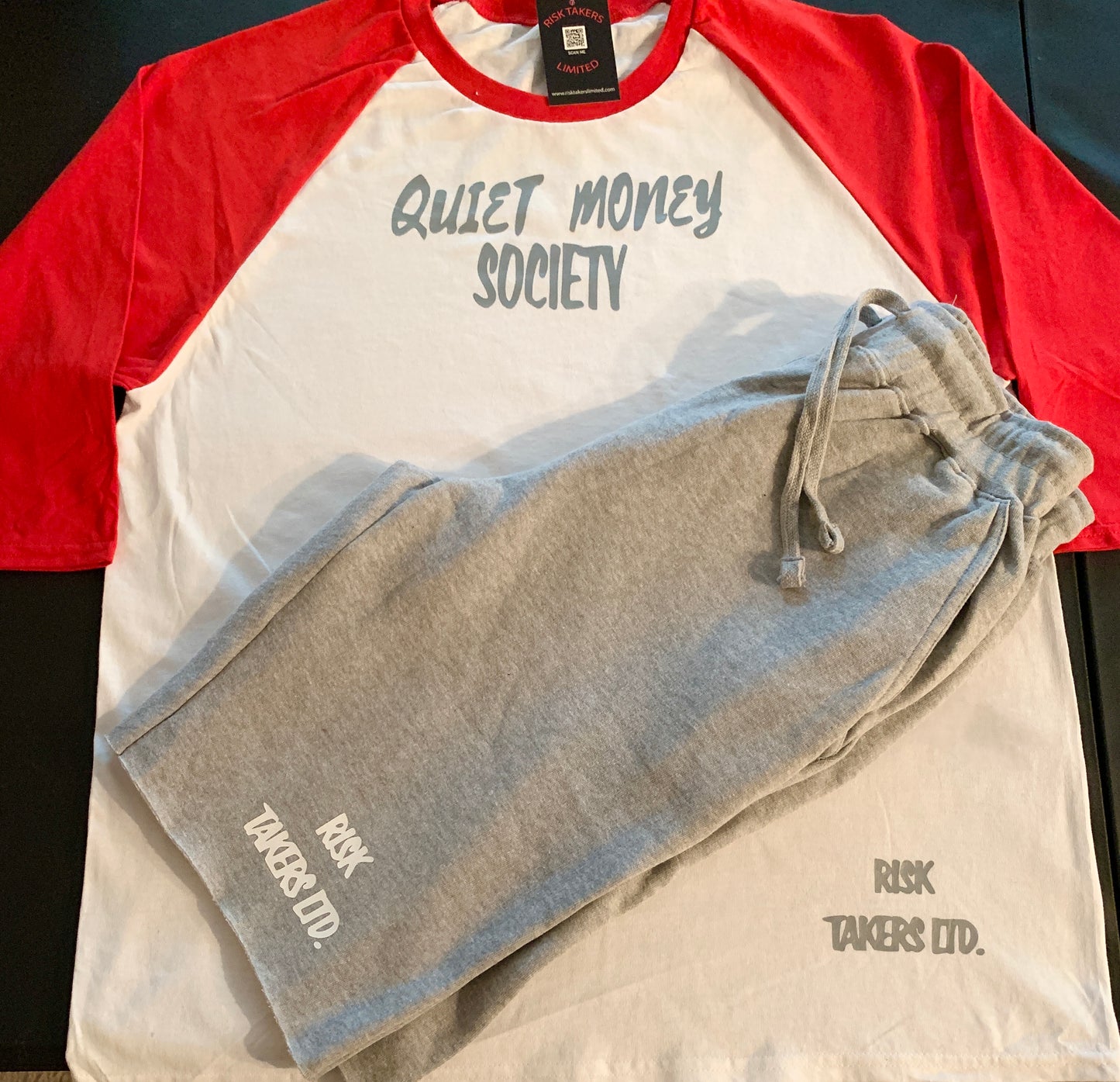 Red, White And Grey Unisex Quiet Money Society Baseball Tee And Sweatshorts