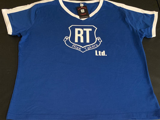 Women’s Royal Blue And White RT Shield Ringer Tee