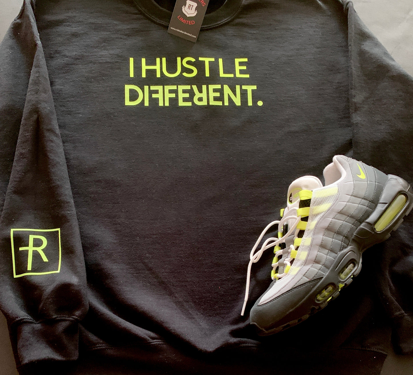 Black With Lime “I Hustle Different” Crewneck Sweater