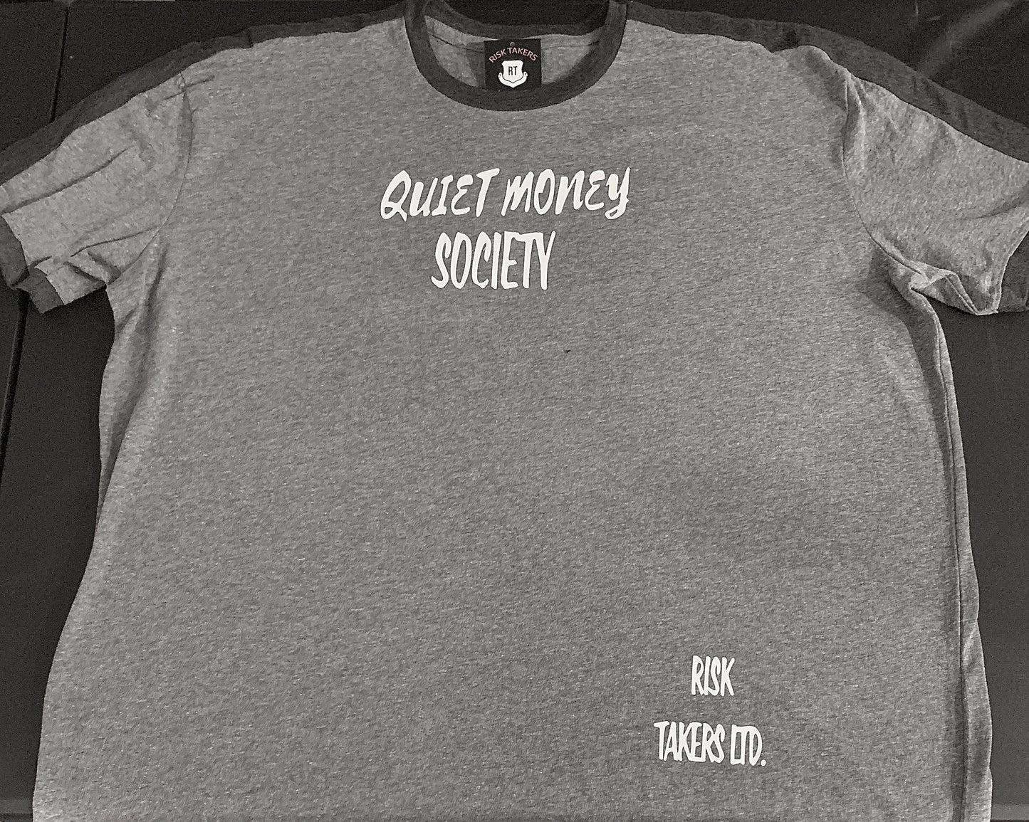 Grey On Grey With White QMS Unisex Ringer Tee